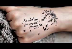 make a qoute saying "En del av deg for evig tid. 
Pappa 20.12.24"
Surrounded by delicate long blossom gladious, music notes, hearts and an anchor on the lower right side tattoo idea