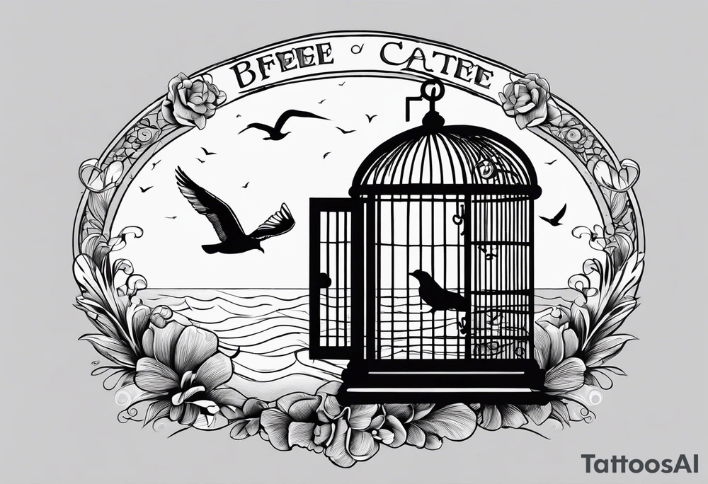 A simple birdcage with an open door, a seagull flying out
, on the beach, with the words be free tattoo idea