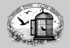 A simple birdcage with an open door, a seagull flying out
, on the beach, with the words be free tattoo idea
