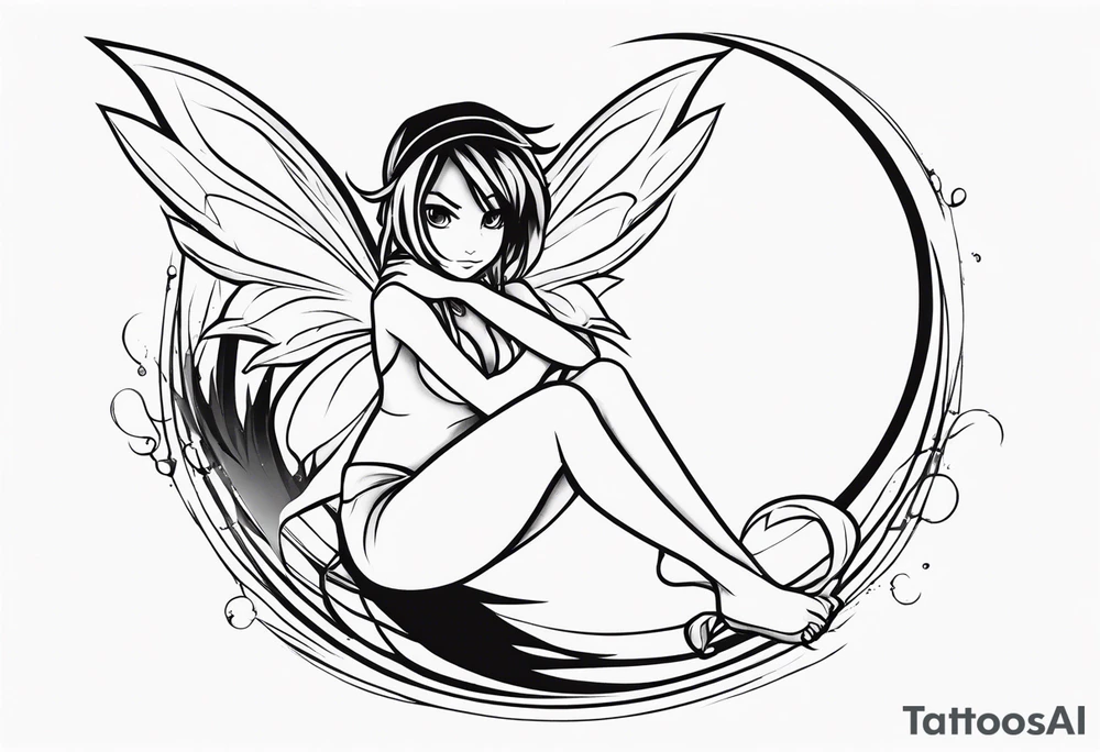 No color fairy with a tail inspired by the logo of the show called Fairy Tail in a fetal position leaning in and forward tattoo idea