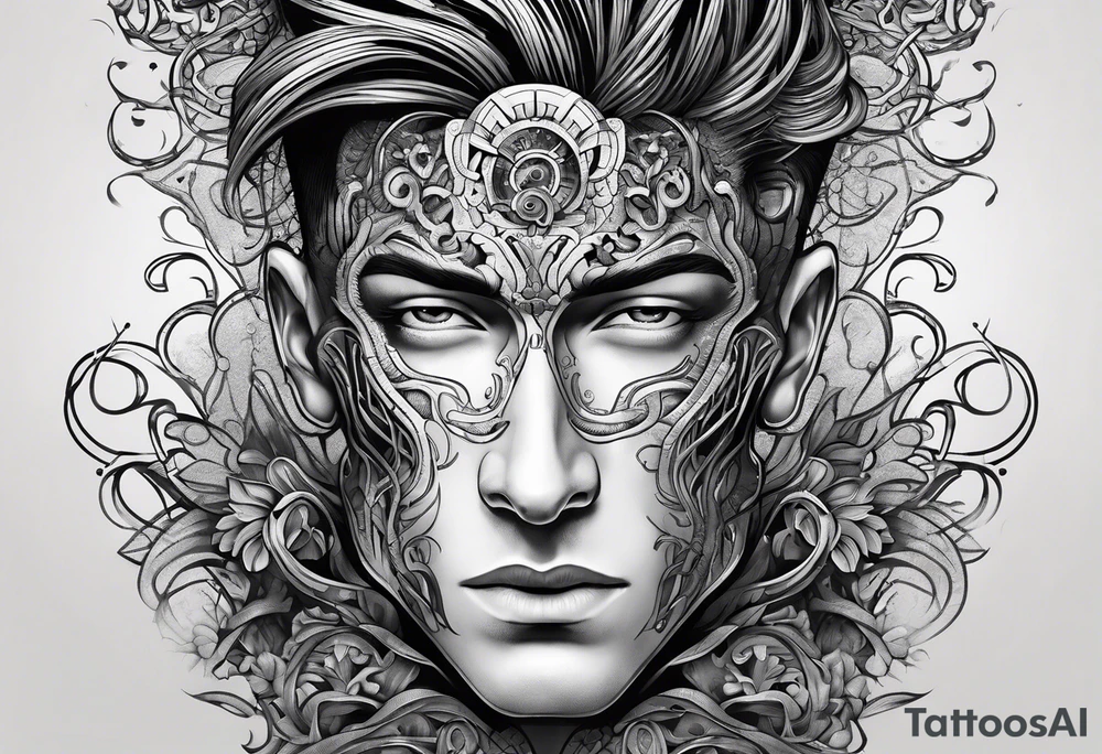 elongated plant-like pattern for hair growing from a slightly pained male face, with a mechanical designed brain showing efficient design tattoo idea