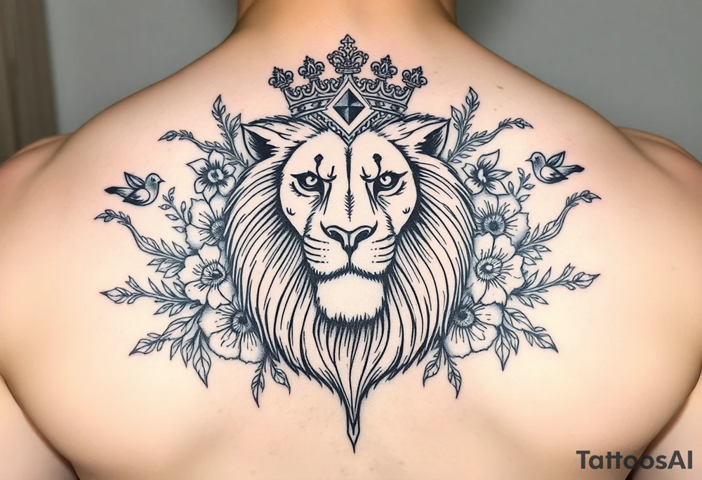 powerful majestic lion with a crown, surrounded by floral ornaments and birds tattoo idea
