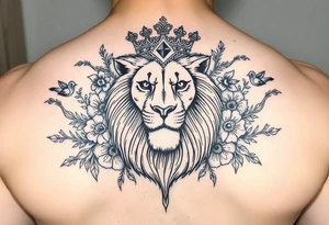 powerful majestic lion with a crown, surrounded by floral ornaments and birds tattoo idea