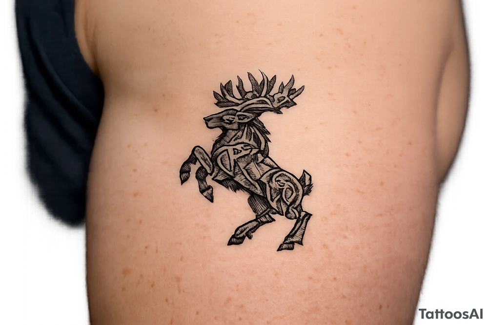 Caribou in Norse knot work open line concept mammen style stipple shading with animal on rear legs just animal no base or background tattoo idea