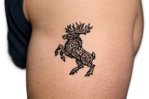 Caribou in Norse knot work open line concept mammen style stipple shading with animal on rear legs just animal no base or background tattoo idea