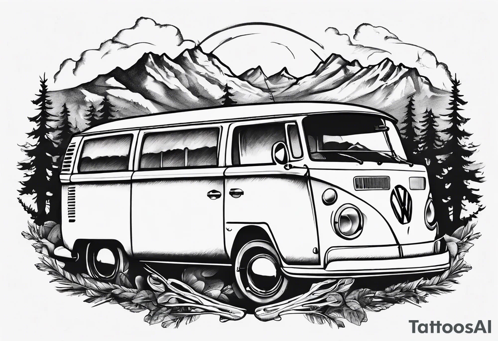 vw Typ 2 in einer landschaft aus bergen und Wälder tattoo idea