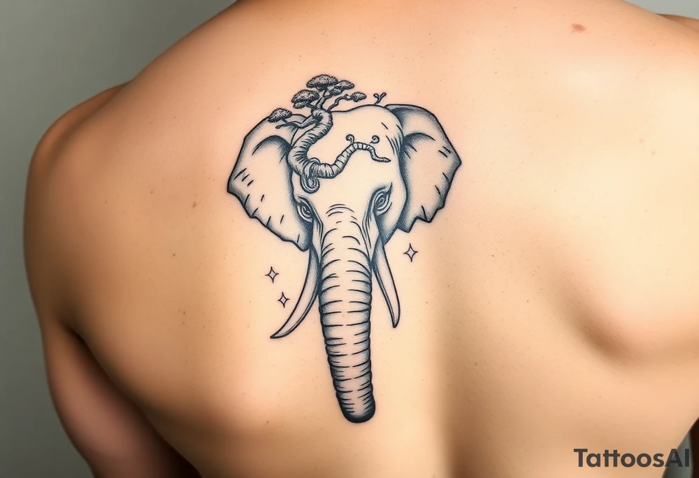 Head of an elephant with bonsai tree incorporated into it Japanese style tattoo idea