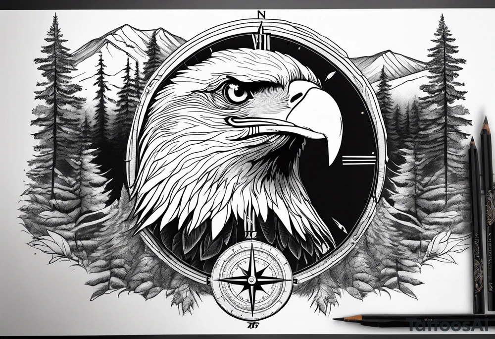 Bald eagle head with forest scenery and compass tattoo idea Bald eagle head with forest scenery and compass tattoo idea