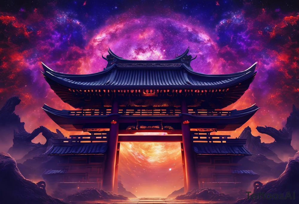 torii gate in biomechanical style in background.

Dominant demonic figure, formidable face with royal king features, has a evil grin and a bit of open mouth with glimpse of devil fang teeth, similar to skull features, framed by deep-set glowing galaxy eyes, head has prominent purple deep blue flames (Not standalone horns) with intricate recognizable swirling galaxy shaped textures with fiery peacock blue green turquoise colour highlights. 

face has peacock feather texture. face is 85%, gate is 15%. 

face has braids hanging with feathers at end. tattoo idea