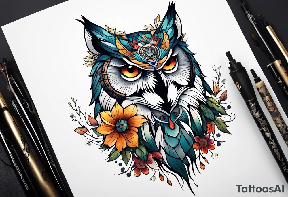 An owl a Wolf and a dendelion tattoo idea