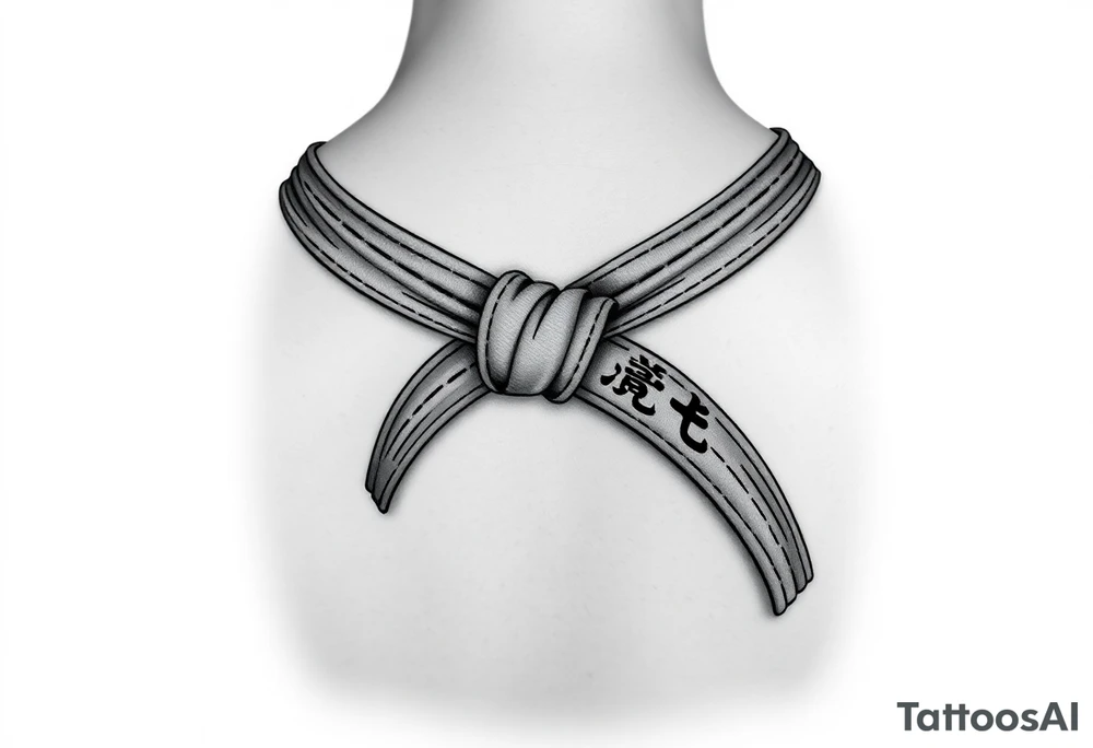 A realistic black and gray tattoo of a Brazilian Jiu-Jitsu black belt wrapping around the wrist like a bracelet. The belt is tied in a knot with one end showing the number 30 and the other showing 24. On the flat end of the belt, two Japanese kanji characters are inked in white: 成長 (growth) and 忍耐 (perseverance). The belt has subtle stitch marks and worn, textured shading for a slightly distressed, authentic look. The style is clean, symbolic, and bold, designed to wrap naturally around the wrist like a wristband.” tattoo idea