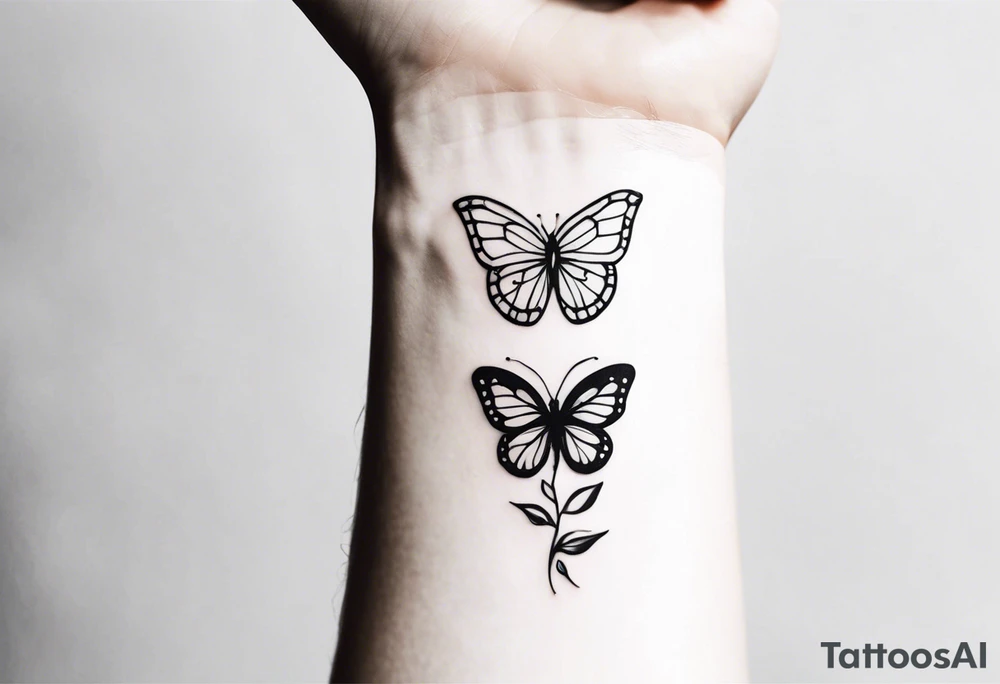 a long unique small feminine leaftattoo with two butterflies on the wrist tattoo idea