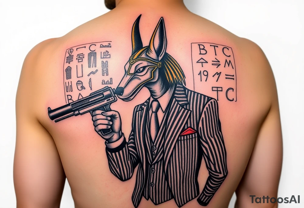 "Anubis in a 1920s gangster pinstripe suit, holding a tommy gun. His jackal head is half-cyborg (exposed circuits). Hieroglyph background spells 'BTC TO THE MOON'.  

Style: Art Deco meets cyber-Egyptian. Black/red/gold ink. Forearm sleeve." tattoo idea