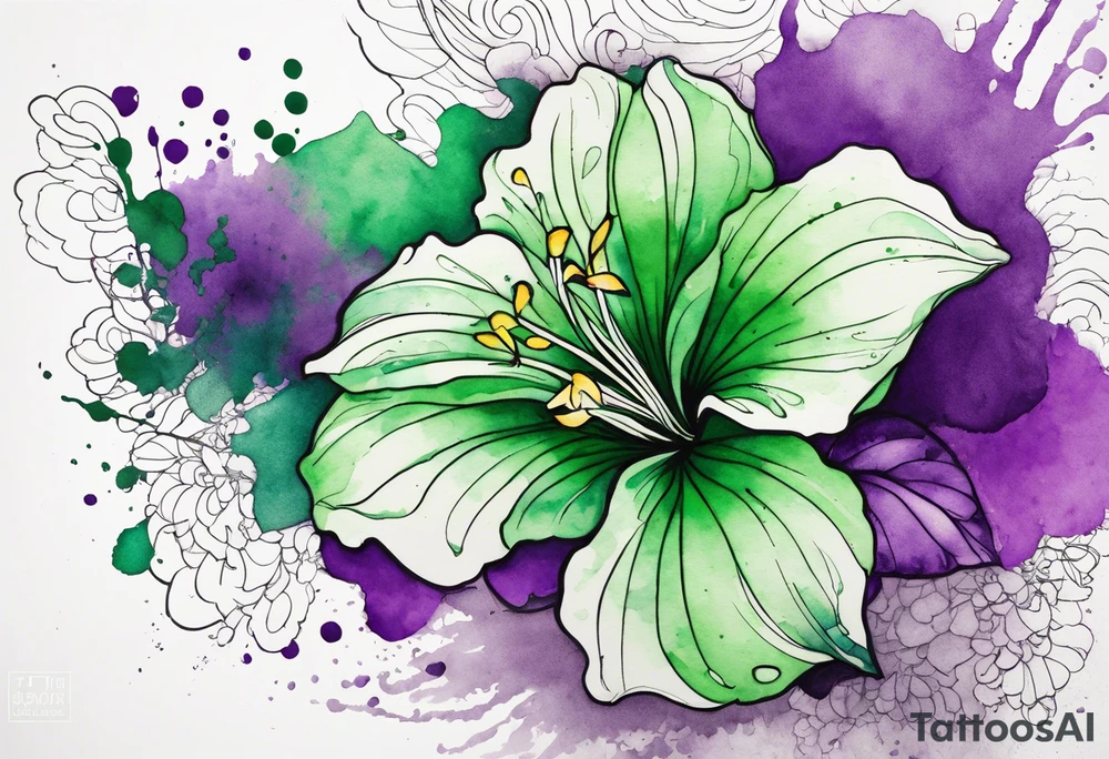 An outline of a green rio dipladenia flower and a green and purple watercolor splash in the background tattoo idea