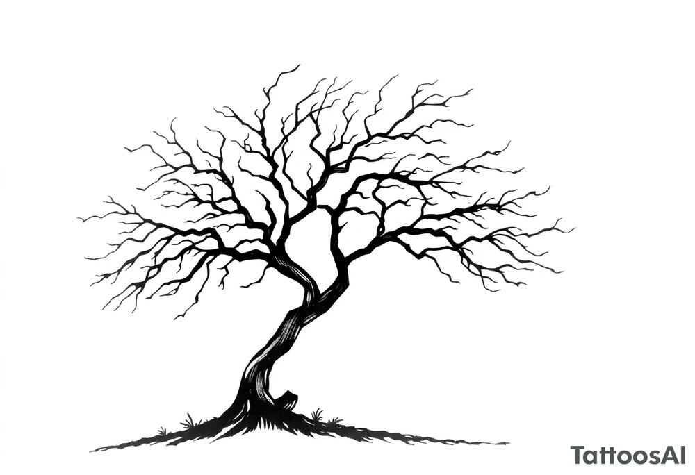 simple windy tree with a date 02.18.1998. The tree has strong winds and its branches are bent. The background is a clear sky. tattoo idea