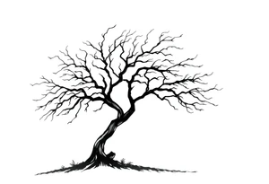 simple windy tree with a date 02.18.1998. The tree has strong winds and its branches are bent. The background is a clear sky. tattoo idea