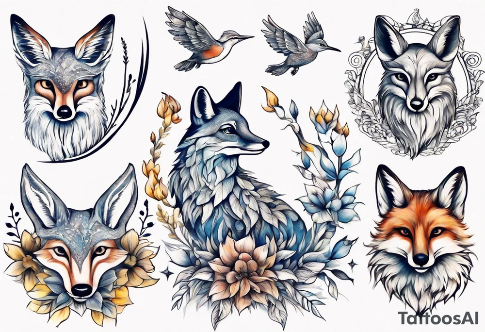 wasser sonne und mond fuchs eule kolibri wald hirsch blume des lebens tattoo idea
