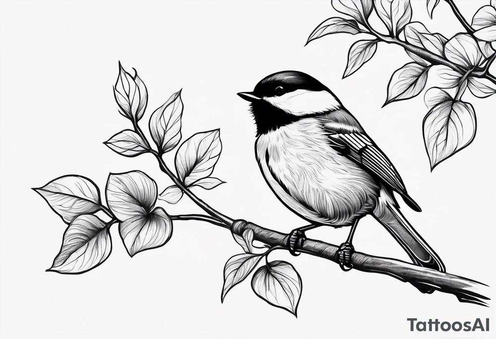 Illustrate a tattoo of a chickadee perched on a twig, focusing on clean lines and minimal detail for an understated design tattoo idea