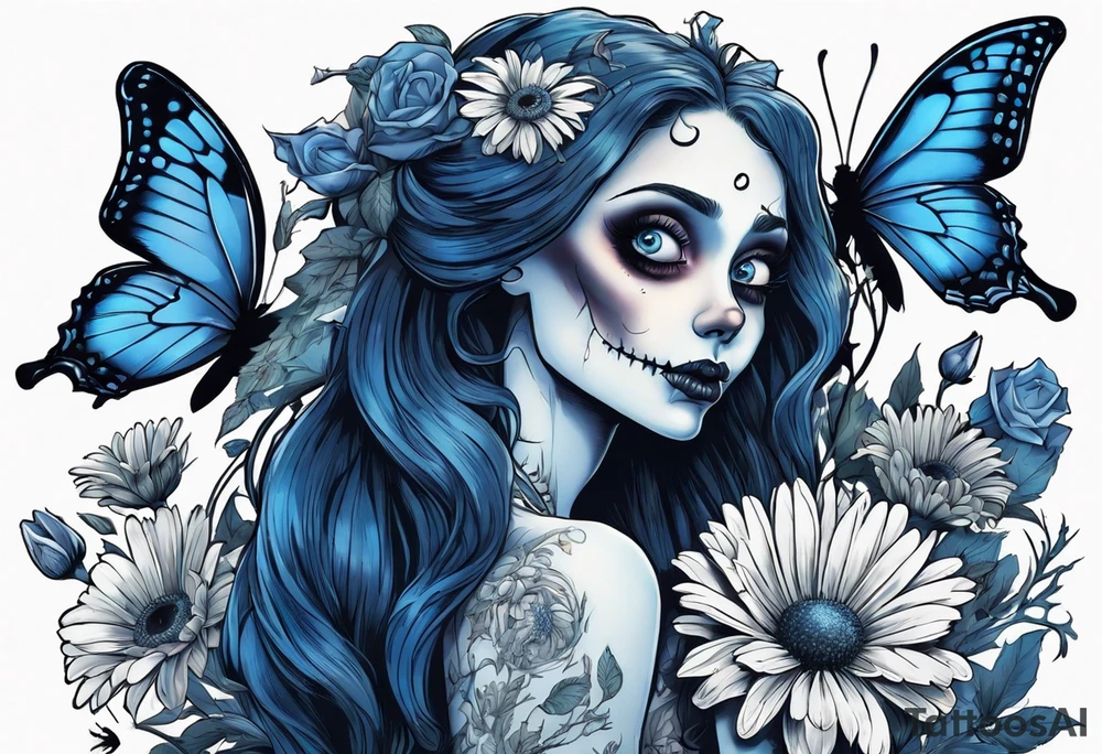 corpse bride Emily holding a bouquet of flowers. one white daisy in the bouquet. one blue butterfly. A full moon on the background. full grown tattoo idea