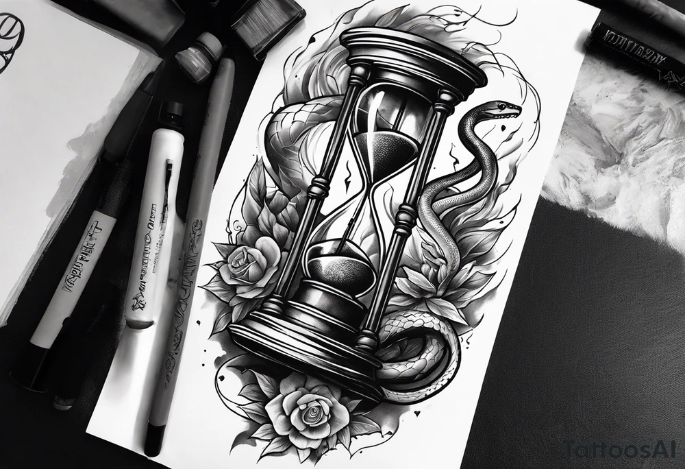 Snake surrounding an hourglass AND a thunder tattoo around forearm tattoo idea