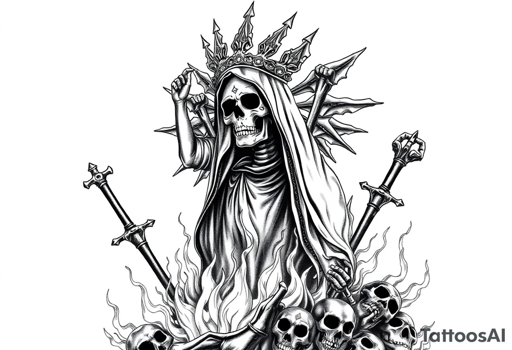 Powerful and evil Santa muerte rising from the flames and ashes of hell, surrounded by unclaimed souls tattoo idea