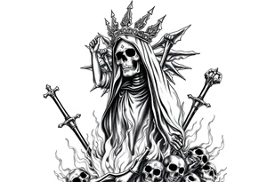 Powerful and evil Santa muerte rising from the flames and ashes of hell, surrounded by unclaimed souls tattoo idea