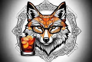 Geometric sly fox with beard and black horn rimmed glasses with Negroni in short lowball cocktail glass with ice and orange peel tattoo idea