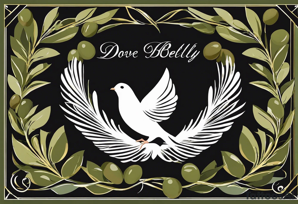 Dove soring through the air clasping an olive branch in its talons. The olive branch is fluttering in the wind with leaves from the branch floating behind the dove. The leaves transform into spear heads the further away from the dove they get. The words 'Si vis Pacem, para bellum' is boldly transcribed underneath the scene tattoo idea
