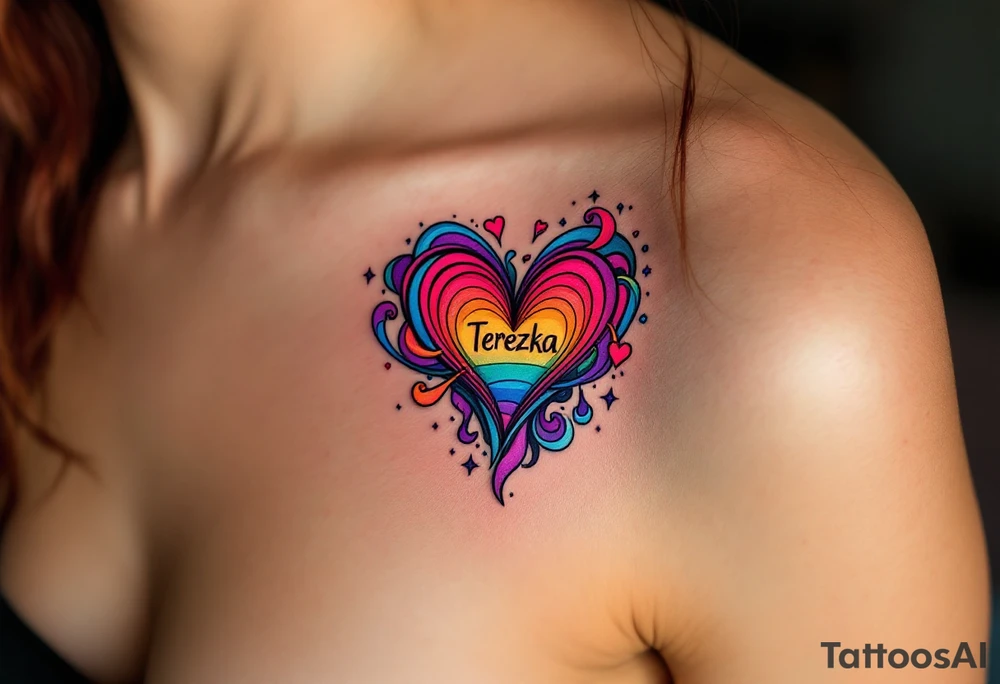 A heart with rainbow shading and Terezka written in playful bubble letters. tattoo idea