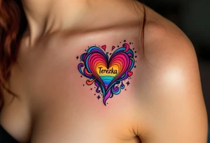 A heart with rainbow shading and Terezka written in playful bubble letters. tattoo idea