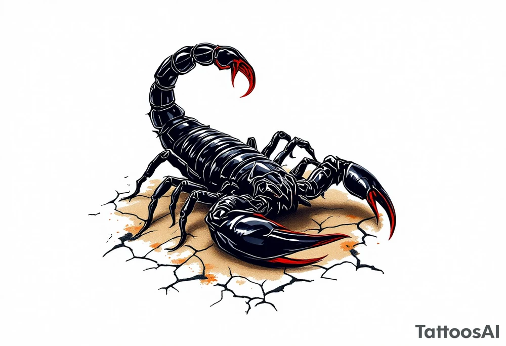 A fierce black scorpion with glossy obsidian armor, tipped with deep crimson on its pincers and venomous stinger, poised in a striking position atop cracked desert sand in shades of golden brown and burnt orange. tattoo idea