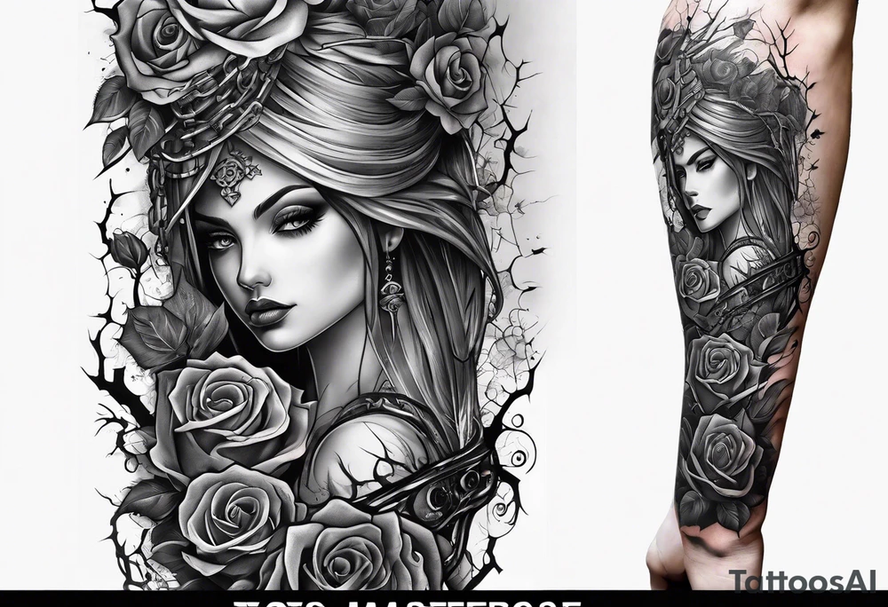 tattoo fool sleeve, old broken gothic castle, broken sword, tree roots break out of the chains, roses tattoo idea