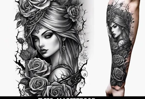 tattoo fool sleeve, old broken gothic castle, broken sword, tree roots break out of the chains, roses tattoo idea