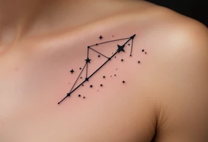 A minimalist black Sagittarius constellation with fine-line stars connected by soft silver threads across the shoulder blade. tattoo idea