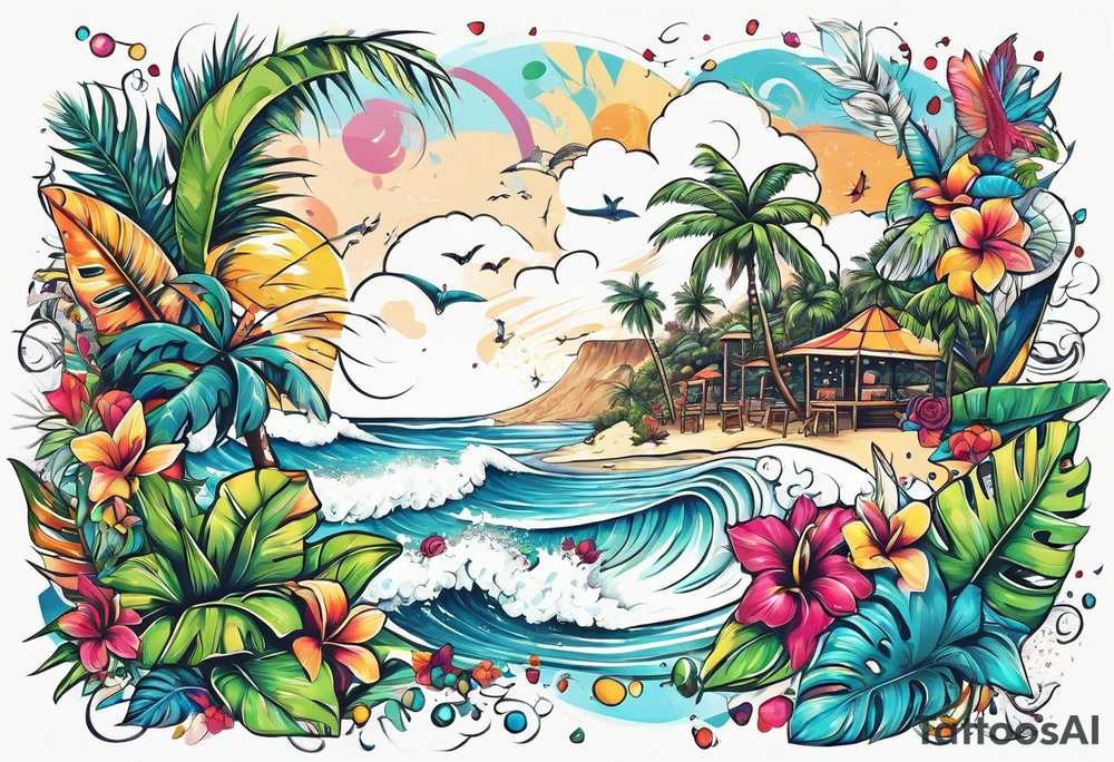 SURFING SAFARI BEACH PARTY WITH CONFETTI AND MUSIC NOTES, TROPICAL DRINKS, SEXY BIKINIS tattoo idea