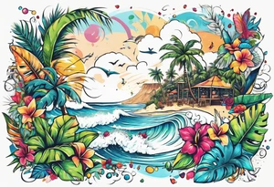 SURFING SAFARI BEACH PARTY WITH CONFETTI AND MUSIC NOTES, TROPICAL DRINKS, SEXY BIKINIS tattoo idea