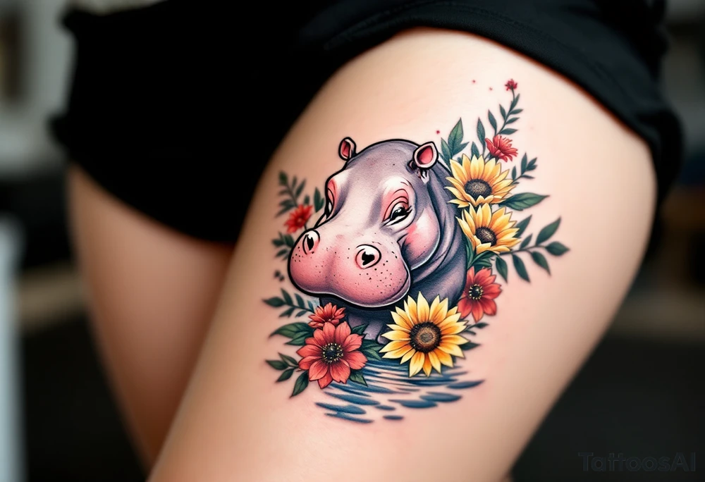 Cute hippo with sunflowers, red carnations, and water tattoo idea