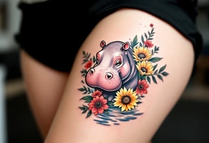 Cute hippo with sunflowers, red carnations, and water tattoo idea