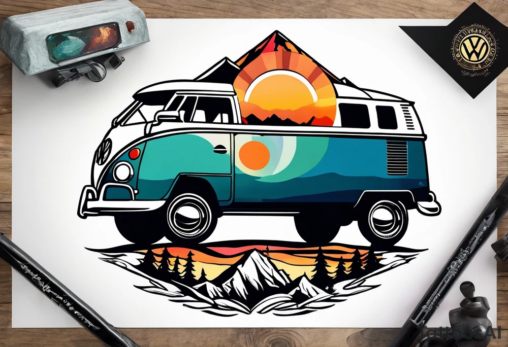 directional Compass, mountains and VW Komi campervan tattoo idea