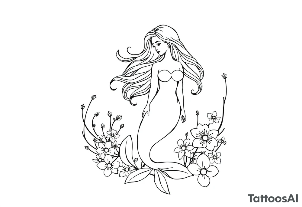 ethereal mermaid with flowing hair among coral and sea flowers tattoo idea
