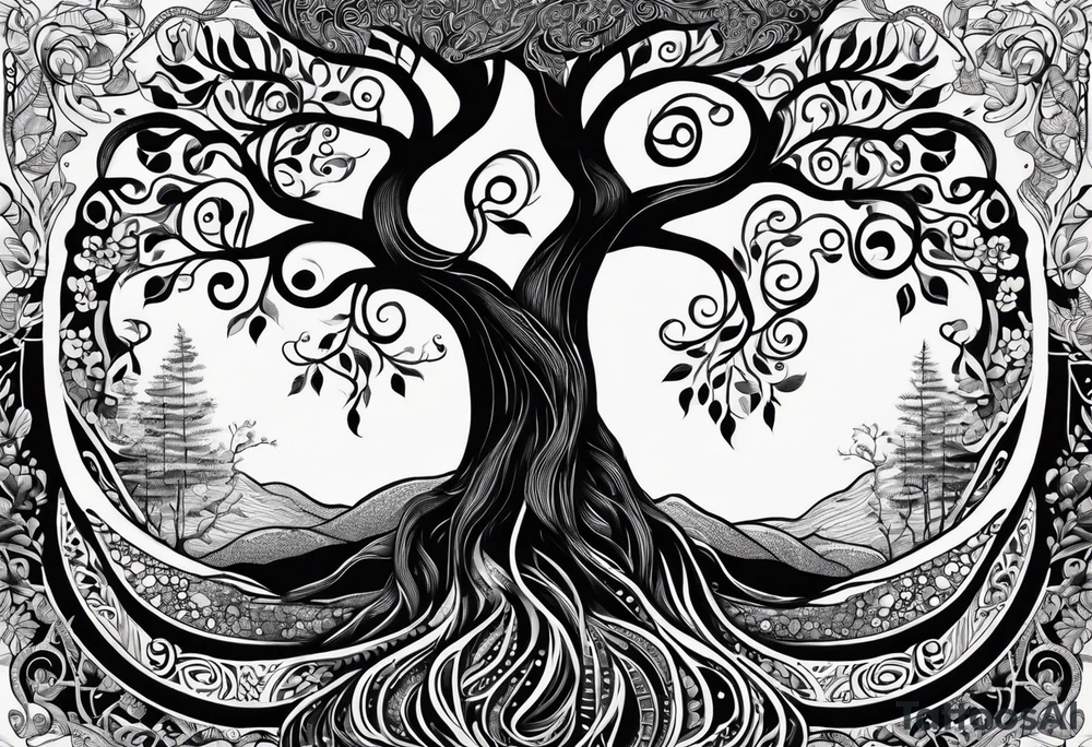 Black and white folk art whimsical tree of life drawing with roots winding all over tattoo idea