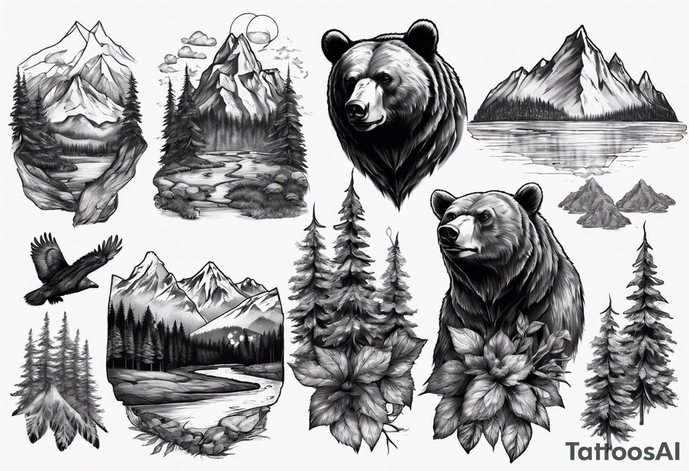 Bear with mountains, forest, rivers etc inside of it tattoo idea Bear with mountains, forest, rivers etc inside of it tattoo idea