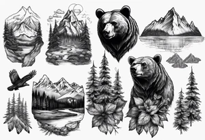 Bear with mountains, forest, rivers etc inside of it tattoo idea
