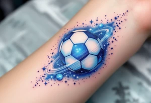 A blue and white galaxy-themed soccer ball orbiting small stars and planets. tattoo idea