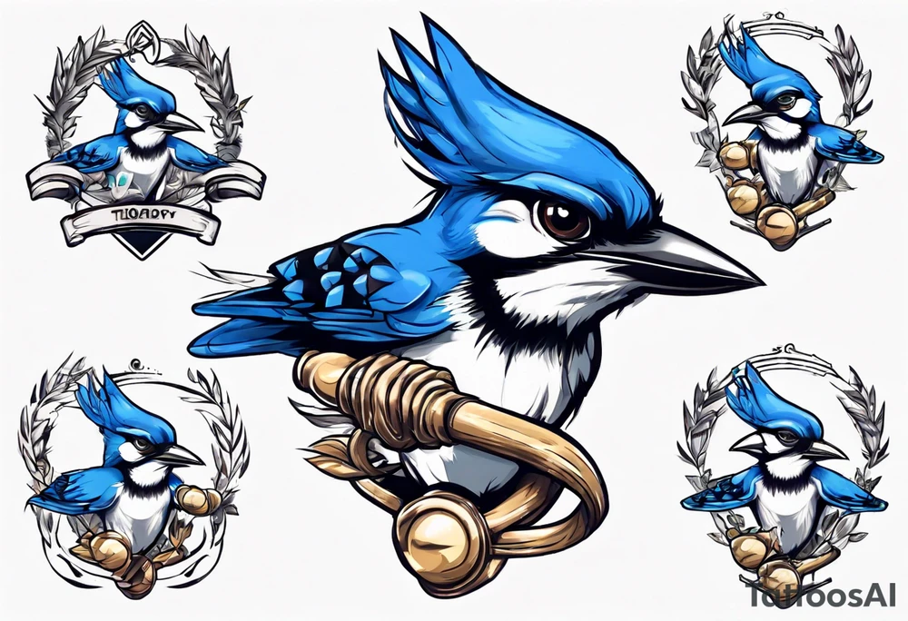 Bluejay wearing a headband and holding a trophy tattoo idea
