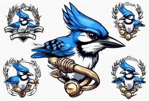 Bluejay wearing a headband and holding a trophy tattoo idea