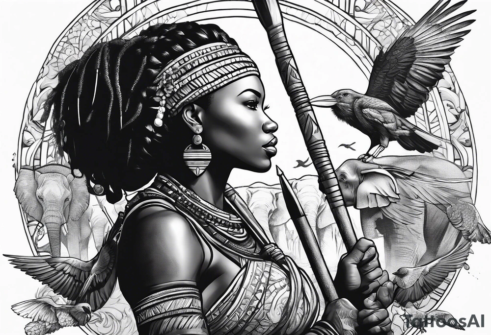 African woman warrior holding a spear with birds and elephants in the background tattoo idea