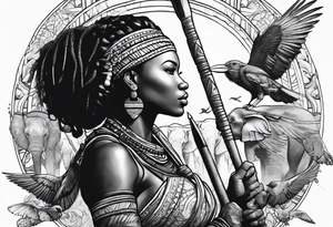 African woman warrior holding a spear with birds and elephants in the background tattoo idea