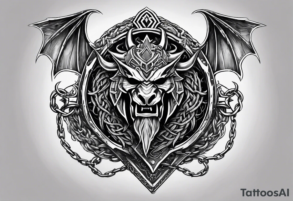 Valhalla sword shield dragon axe Valknut barbed wire chains tattoo idea
