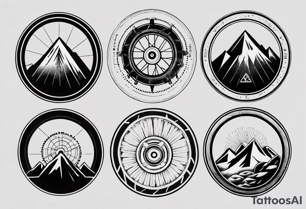bicycle wheel as a weight plate with a mountain in the middle tattoo idea
